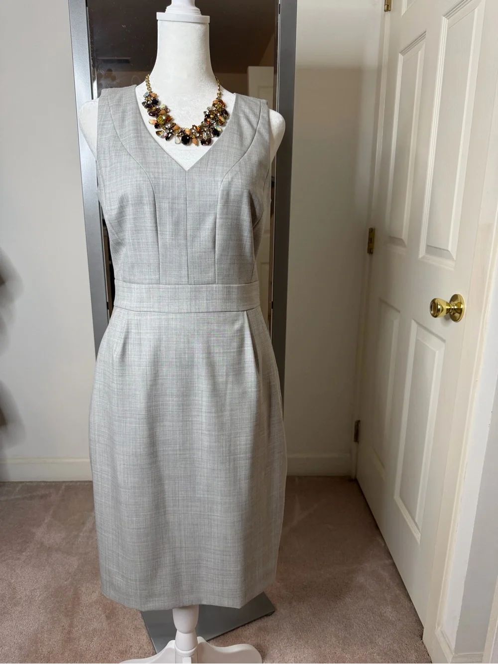 J. Crew Light Gray Sleeveless V-Neck Midi Sheath Dress